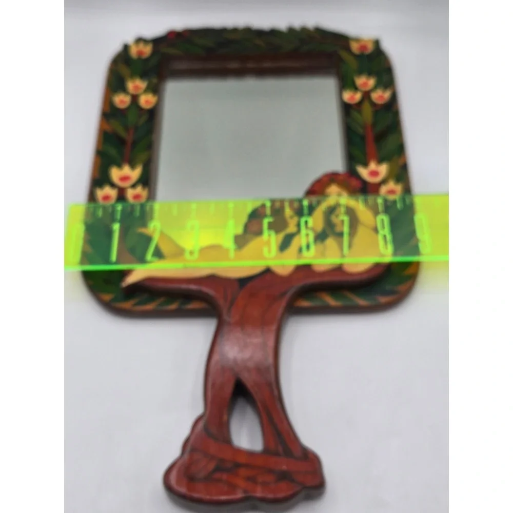 Vintage Hand Mirror Wood Carving‎ Art Nouveau Nymphs Flowers Vanity Decor